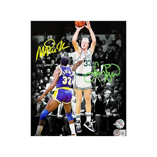 Larry Bird & Magic Johnson Autographed Boston Celtics & Los Angeles Lakers Spotlight 8x10 Beckett & Larry Bird COA - Unframed