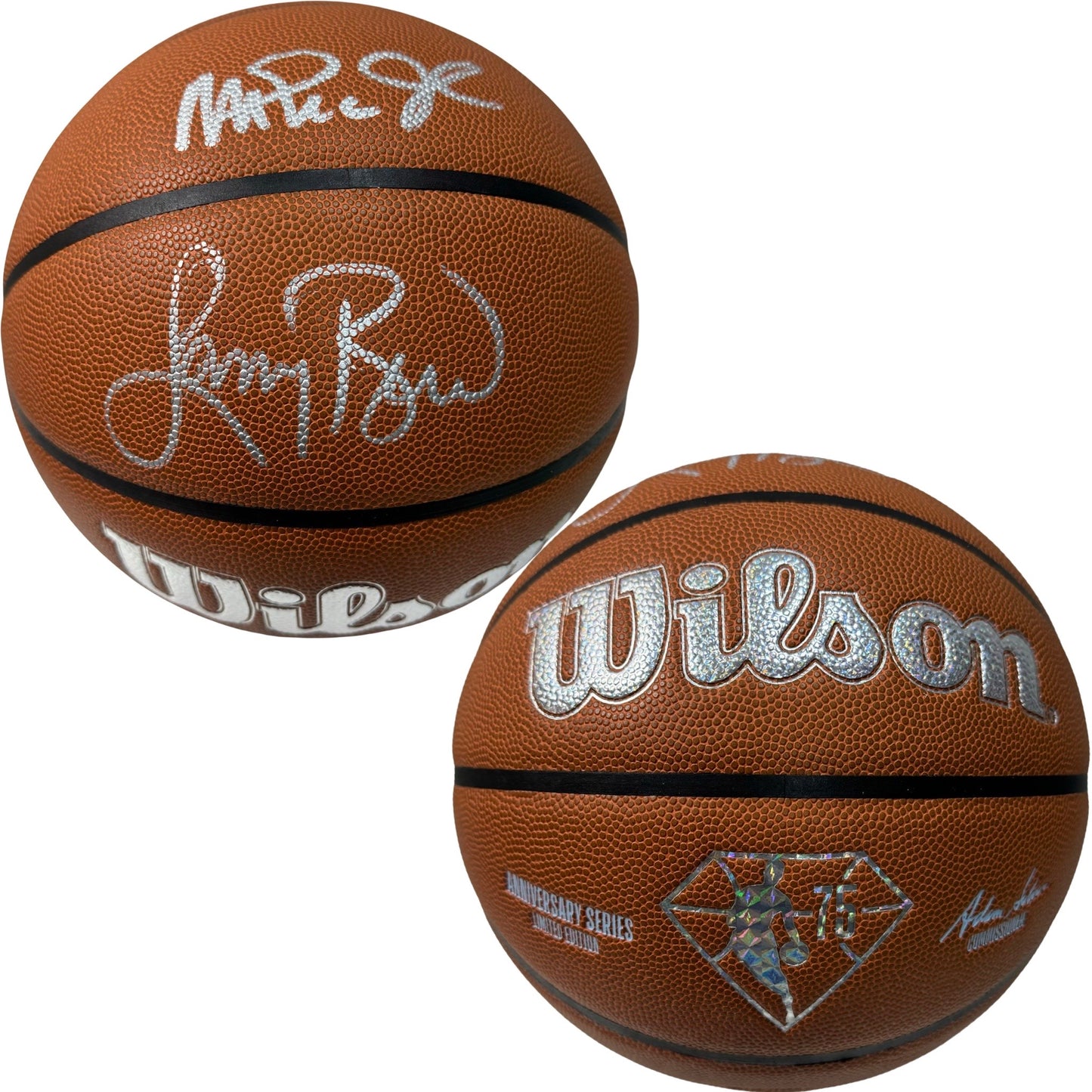 Larry Bird & Magic Johnson Autographed Boston Celtics & Los Angeles Lakers Wilson Mitchell & Ness NBA 75 Basketball Beckett & Larry Bird COA