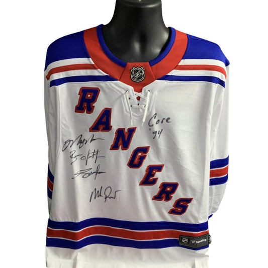 Mark Messier, Mike Richter, Brian Leetch & Adam Graves Autographed New York Rangers Fanatics Authentic Jersey “Core 94” Inscription Steiner CX