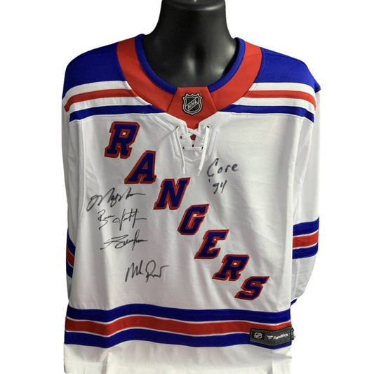 Mark Messier, Mike Richter, Brian Leetch & Adam Graves Autographed New York Rangers Fanatics Authentic Jersey Core 94 Inscription Steiner CX