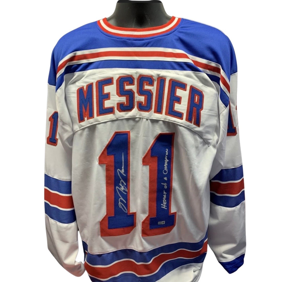 Mark Messier Autographed New York Rangers White Jersey Heart of a Champion Inscription Steiner CX