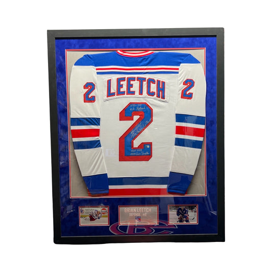 Brian Leetch Autographed New York Rangers Framed White Jersey “NHL 100, #2 Retired, 1994 Stanley Cup Champs, HOF 2009, 1994 Conn Smythe” Inscriptions Steiner CX