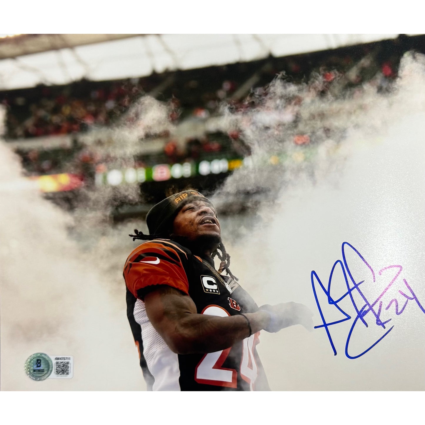 Adam PacMan Jones Cincinnati Bengals Black Jersey Smoke Autograph 8x10 Photo Beckett BAS