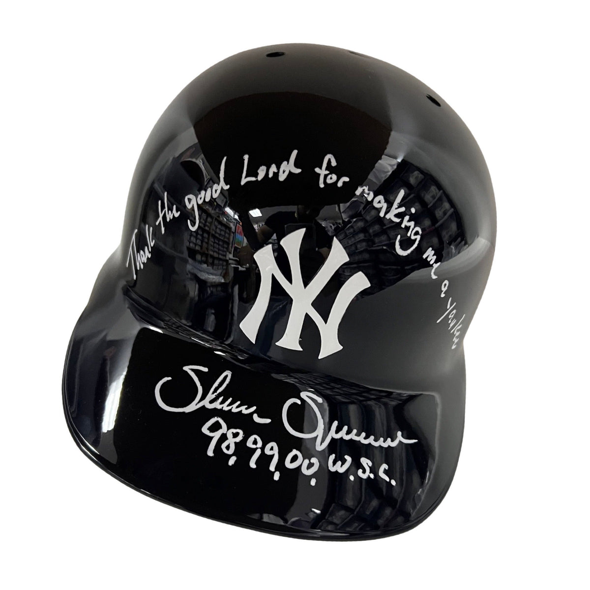 Shane Spencer Autographed New York Yankees Batting Helmet Thank the Good Lord for Making Me a Yankee, 98, 99, 00 WSC Inscriptions Steiner CX