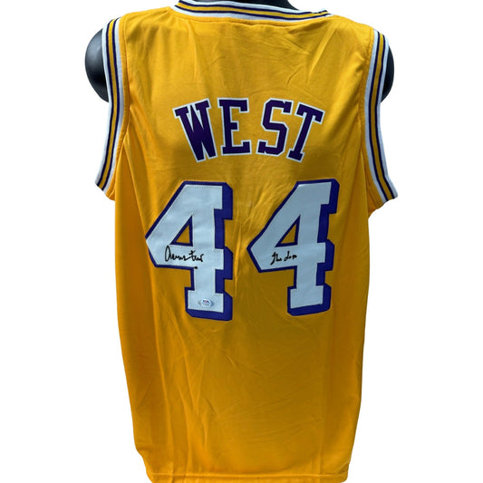 Jerry West Autographed Los Angeles Lakers Yellow Jersey The Logo Inscription PSA