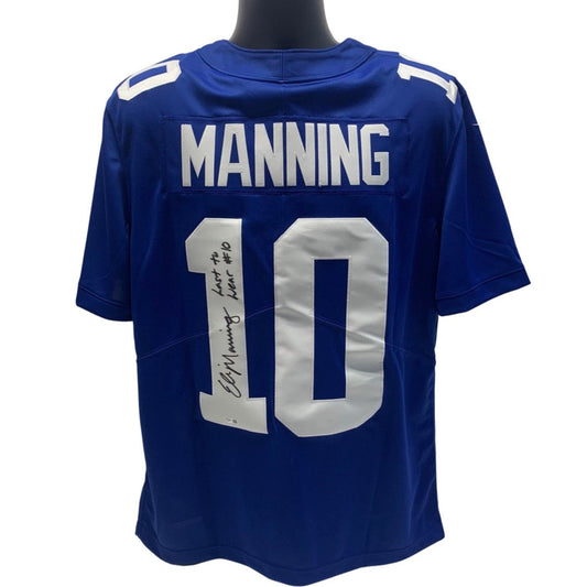 Eli Manning Autographed New York Giants Blue Nike Authentic Jersey Last to Wear #10 Inscription Fanatics