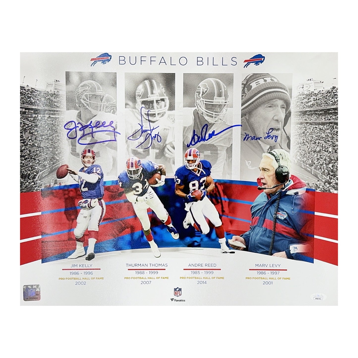 Jim Kelly, Thurman Thomas, Andre Reed & Marv Levy Autographed Buffalo Bills K-Gun Offense 16x20 JSA
