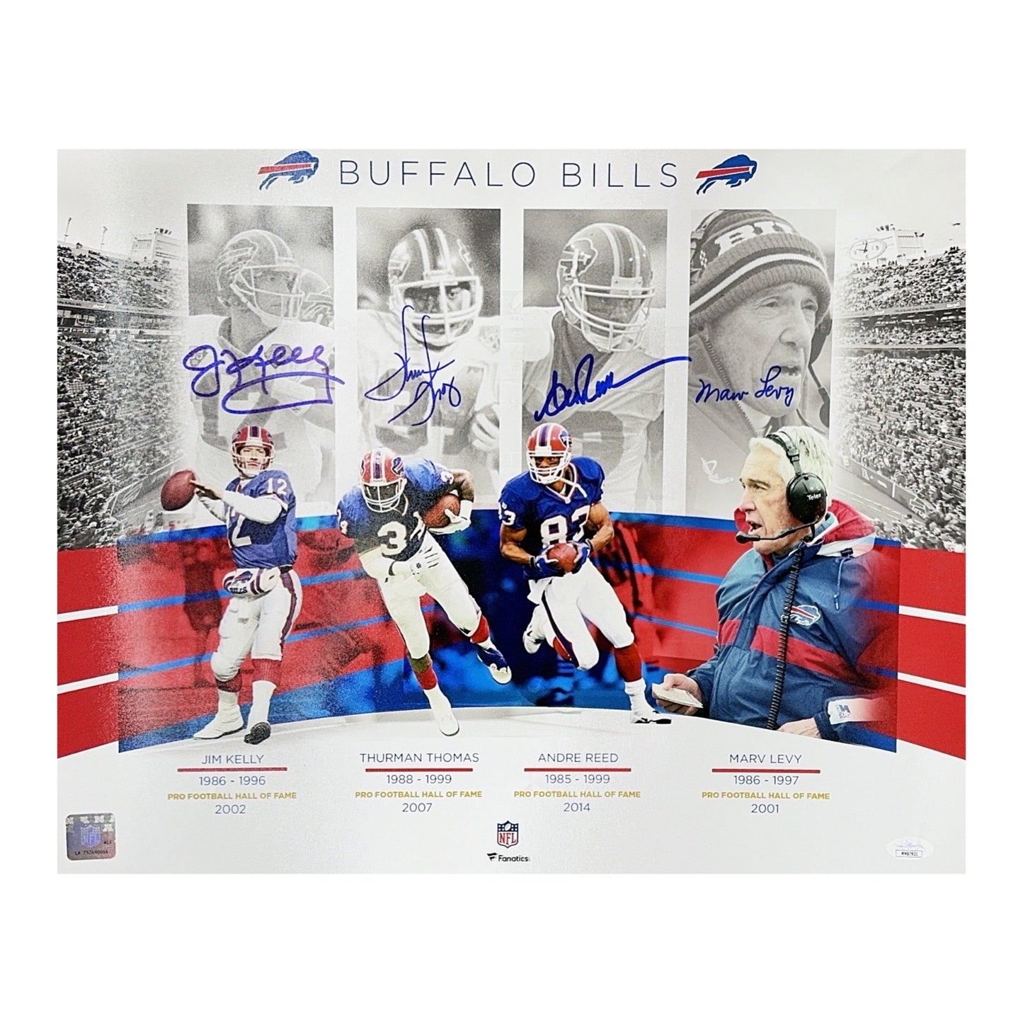 Jim Kelly, Thurman Thomas, Andre Reed & Marv Levy Autographed Buffalo Bills K-Gun Offense 16x20 JSA - Framed