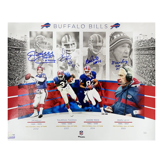 Jim Kelly, Thurman Thomas, Andre Reed & Marv Levy Autographed Buffalo Bills K-Gun Offense 16x20 HOF Inscriptions JSA