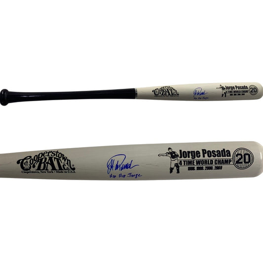 Jorge Posada Autographed New York Yankees White Barrel Cooperstown Bat Catching “Hip Hip Jorge” Inscription JSA