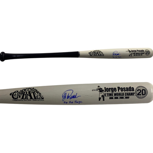 Jorge Posada Autographed New York Yankees White Barrel Cooperstown Bat Catching Hip Hip Jorge Inscription JSA