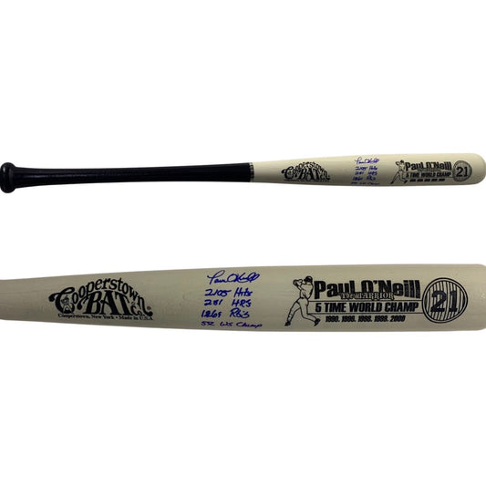 Paul O'Neill Autographed New York Yankees White Barrel Cooperstown Bat 2105 Hits, 281 HRs, 1269 RBIs, 5x WS Champ Inscriptions Steiner CX