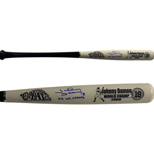 Johnny Damon Autographed New York Yankees White Barrel Cooperstown Bat 09 WS Champs Inscription Steiner CX