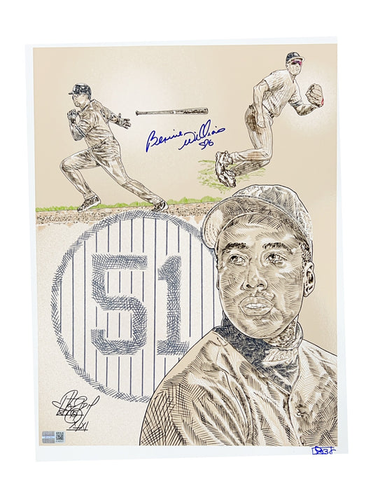 Bernie Williams Autographed New York Yankees Maz Adams Art 11x14 Steiner CX