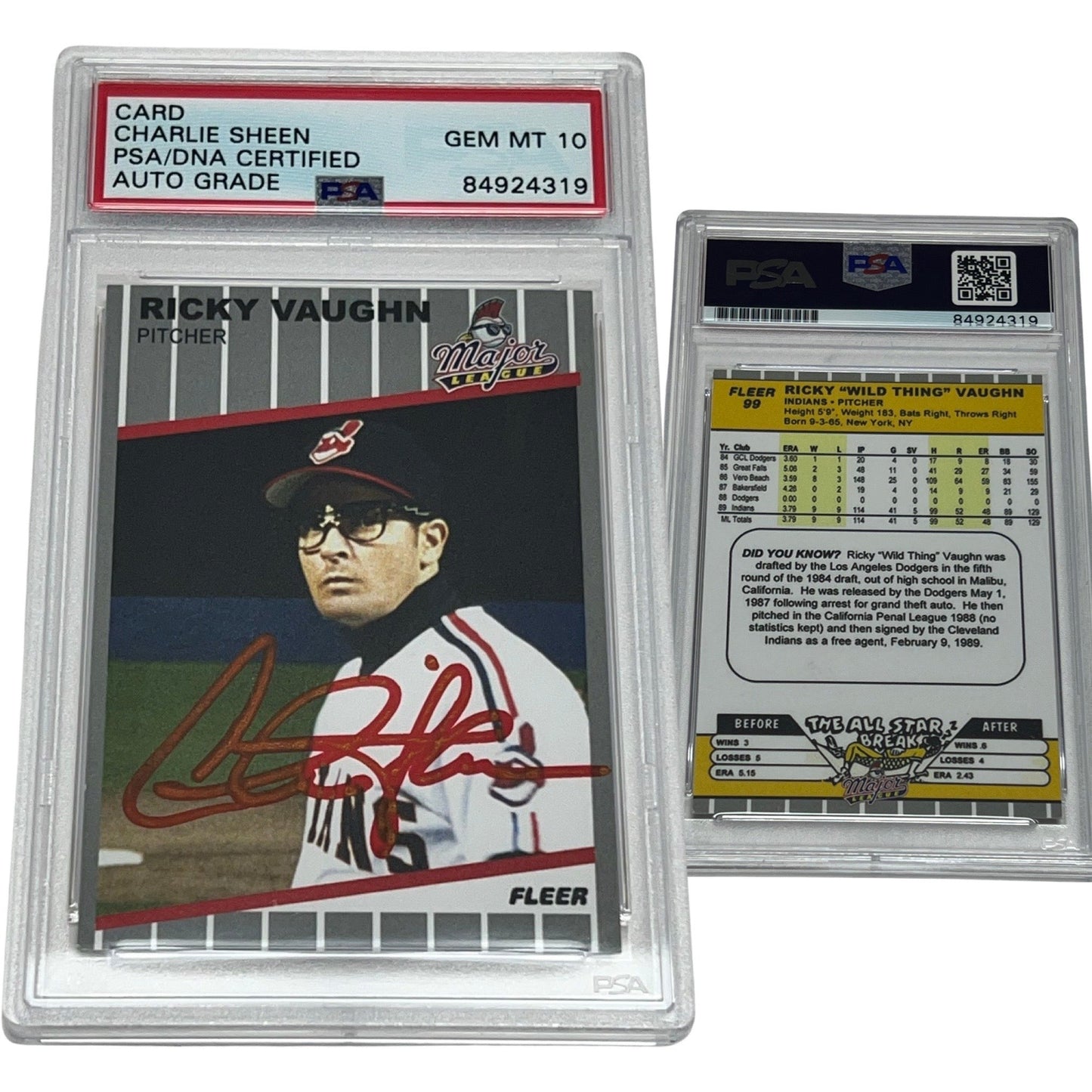 1990 Charlie Sheen Ricky Wild Thing Vaughn Fleer #99 Autographed PSA Auto GEM MINT 10