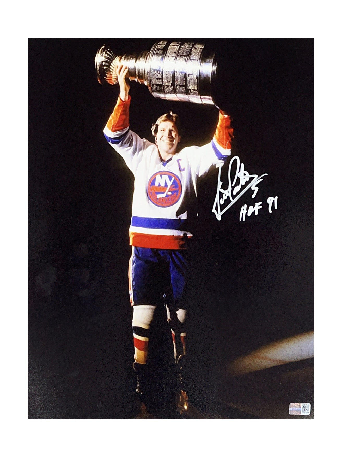 Denis Potvin Autographed New York Islanders 11x14 Hoisting Trophy "HOF 91" Inscription Steiner CX