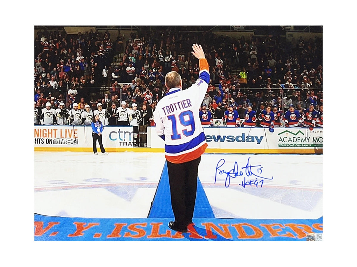 Bryan Trottier Autographed New York Islanders 11x14 Retirement Night Back View "HOF 97" Inscription Steiner CX