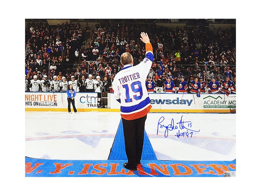 Bryan Trottier Autographed New York Islanders 11x14 Retirement Night Back View "HOF 97" Inscription Steiner CX