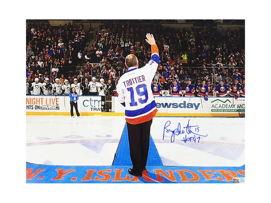 Bryan Trottier Autographed New York Islanders 11x14 Retirement Night Back View  "HOF 97" Inscription Steiner CX