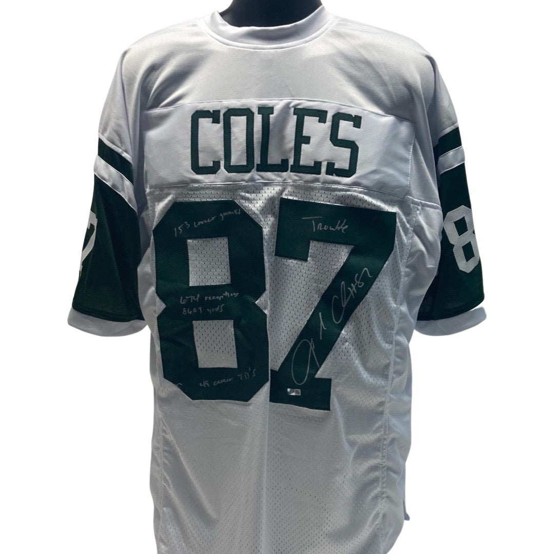 Laveranues Coles Autographed New York Jets White Jersey 153 Games Played, 674 Receptions, 8609 Yds, 49 Career TDs Inscriptions Steiner CX