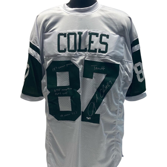 Laveranues Coles Autographed New York Jets White Jersey 153 Games Played, 674 Receptions, 8609 Yds, 49 Career TDs Inscriptions Steiner CX