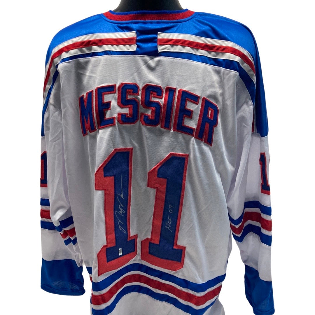 Mark Messier Autographed New York Rangers White Jersey “HOF 07” Inscription Steiner CX