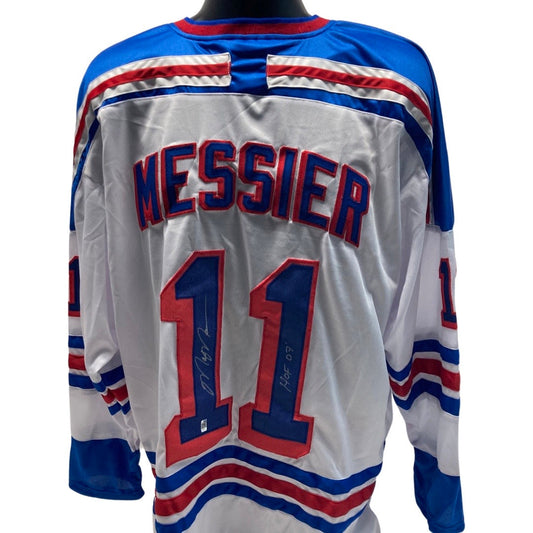 Mark Messier Autographed New York Rangers White Jersey HOF 07 Inscription Steiner CX