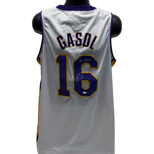 Pau Gasol Autographed Los Angeles Lakers White Jersey “2x Champ” Inscription Steiner CX