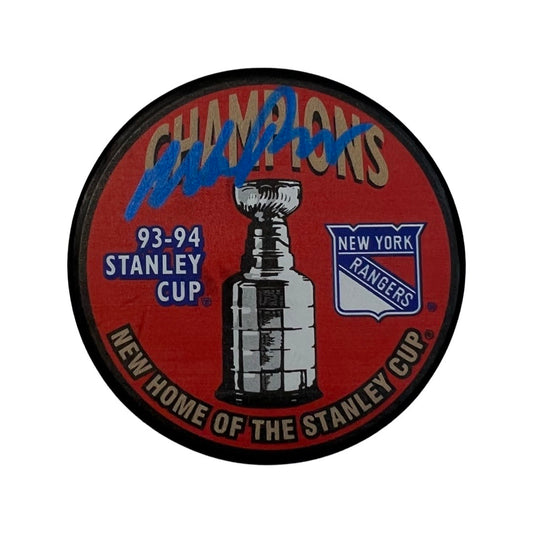 Mike Richter Autographed New York Rangers 1994 Stanley Cup Champions Logo Puck Blue Ink Steiner CX