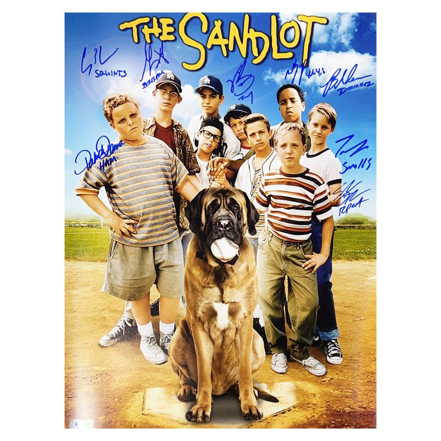 The Sandlot Cast Autographed Movie Poster Full Dog 8 Cast Members 16x20 w/ Character Name Inscriptions Beckett - Unframed