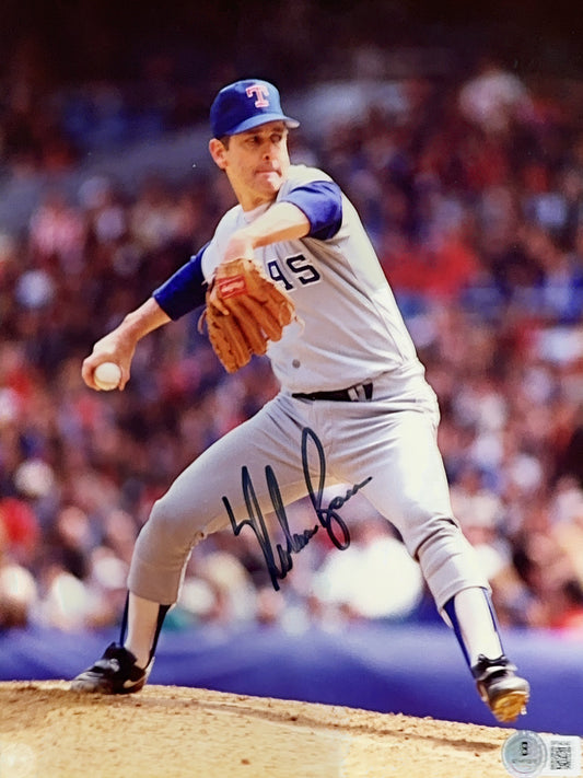 Nolan Ryan Autographed Texas Rangers Pitching Step Vertical 8x10 Beckett