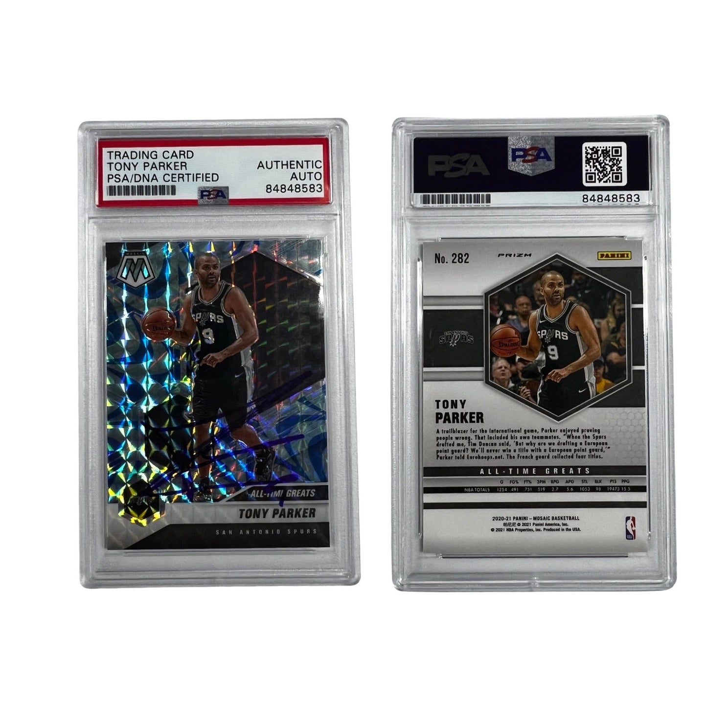 2020-21 Tony Parker Autographed Panini Mosaic Blue Reactive All Time Greats #282 PSA Auto Authentic