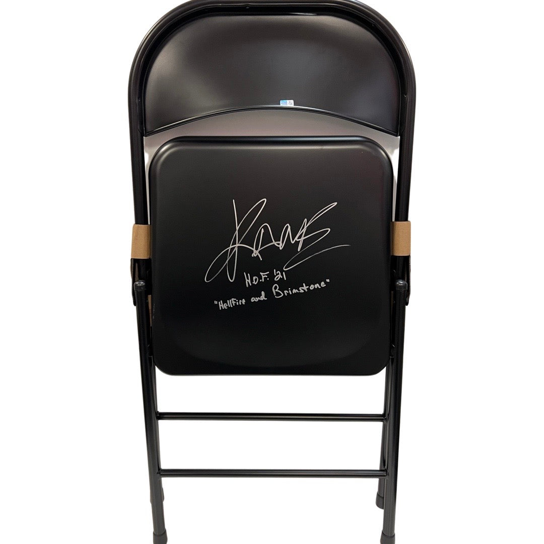 Kane Autographed WWE Steel Chair HOF 21, Hellfire and Brimstone Inscriptions Steiner CX