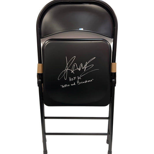 Kane Autographed WWE Steel Chair HOF 21, Hellfire and Brimstone Inscriptions Steiner CX