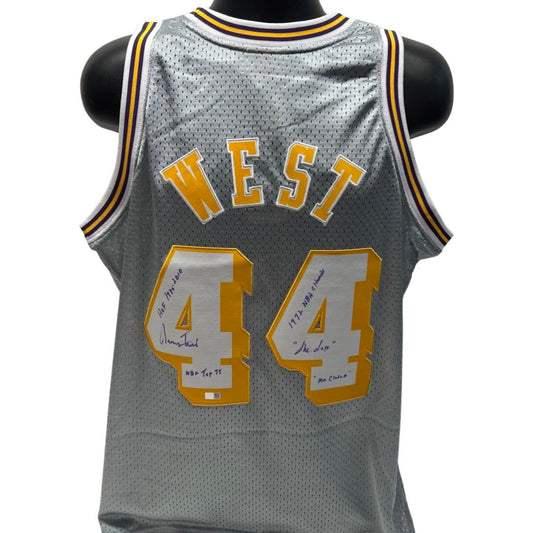 Jerry West Autographed Los Angeles Lakers Silver NBA 75th Anniversary 1971-72 Mitchell & Ness Swingman Jersey "NBA Top 75, The Logo, Mr Clutch, HOF 1980-2010, 1972 NBA Champs" Inscriptions Steiner CX