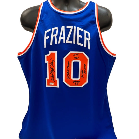 Walt Clyde Frazier Autographed New York Knicks Blue Mitchell & Ness Authentic Jersey Clyde, HOF 1987, 7x All Star, 2x NBA Champ, NBA Top 75 Inscriptions Steiner CX