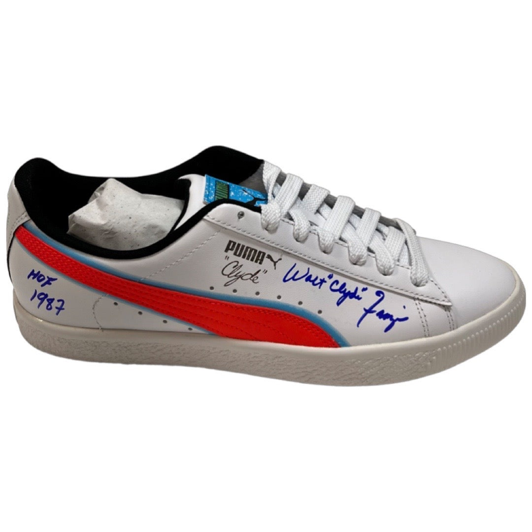 Walt “Clyde” Frazier Autographed New York Knicks White/Blue/Orange Puma Sneaker “Clyde, HOF 1987” Inscriptions Steiner CX
