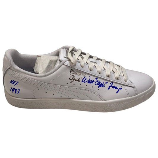 Walt “Clyde” Frazier Autographed New York Knicks White Puma Sneaker “Clyde, HOF 1987” Inscriptions Steiner CX