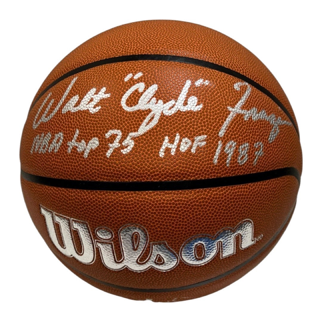 Walt Clyde Frazier Autographed Wilson NBA 75th Anniversary Mitchell & Ness Basketball NBA Top 75, HOF 1987 Inscriptions Steiner CX