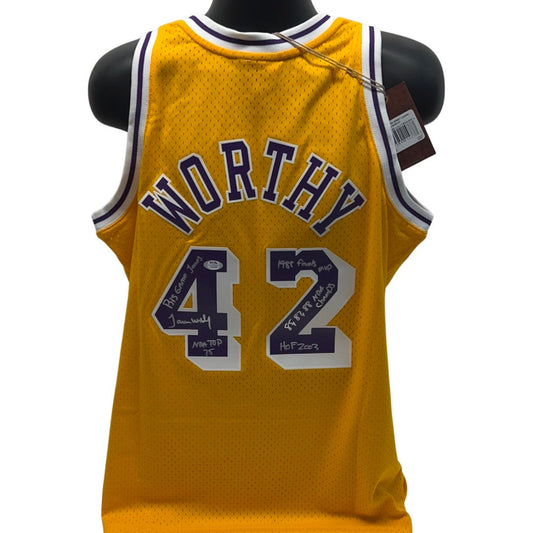 James Worthy Autographed Los Angeles Lakers Yellow 1984-85 Mitchell & Ness Swingman Jersey "Big Game James, NBA Top 75, 1988 Finals MVP, 85, 87, 88 NBA Champ, HOF 2003" Inscriptions PSA