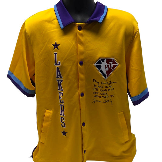 James Worthy Autographed Los Angeles Lakers NBA 75 Nike Showtime Short Sleeve Collar Warmup Jacket "Big Game James, 3x NBA Champ, 1988 Finals MVP, HOF 2003, NBA Top 75" Inscriptions Steiner CX