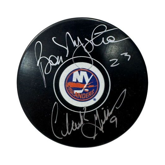 Clark Gillies & Bob Nystrom Autographed New York Islanders Logo Puck JSA