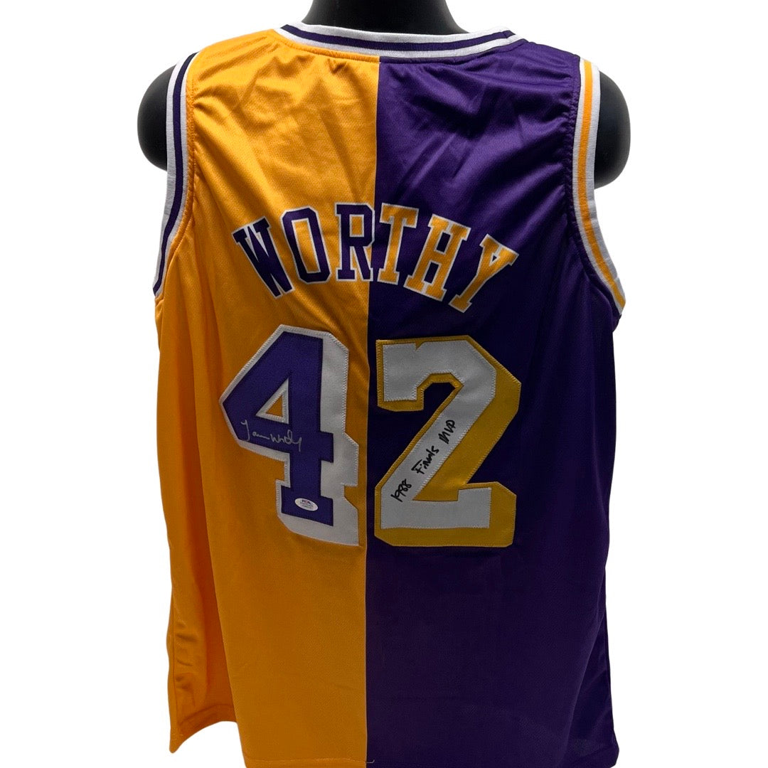 James Worthy Autographed Los Angeles Lakers Yellow/Purple Split Jersey 1988 Finals MVP Inscription PSA