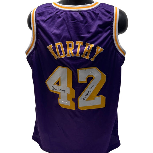 James Worthy Autographed Los Angeles Lakers Purple Jersey Big Game James Inscription PSA