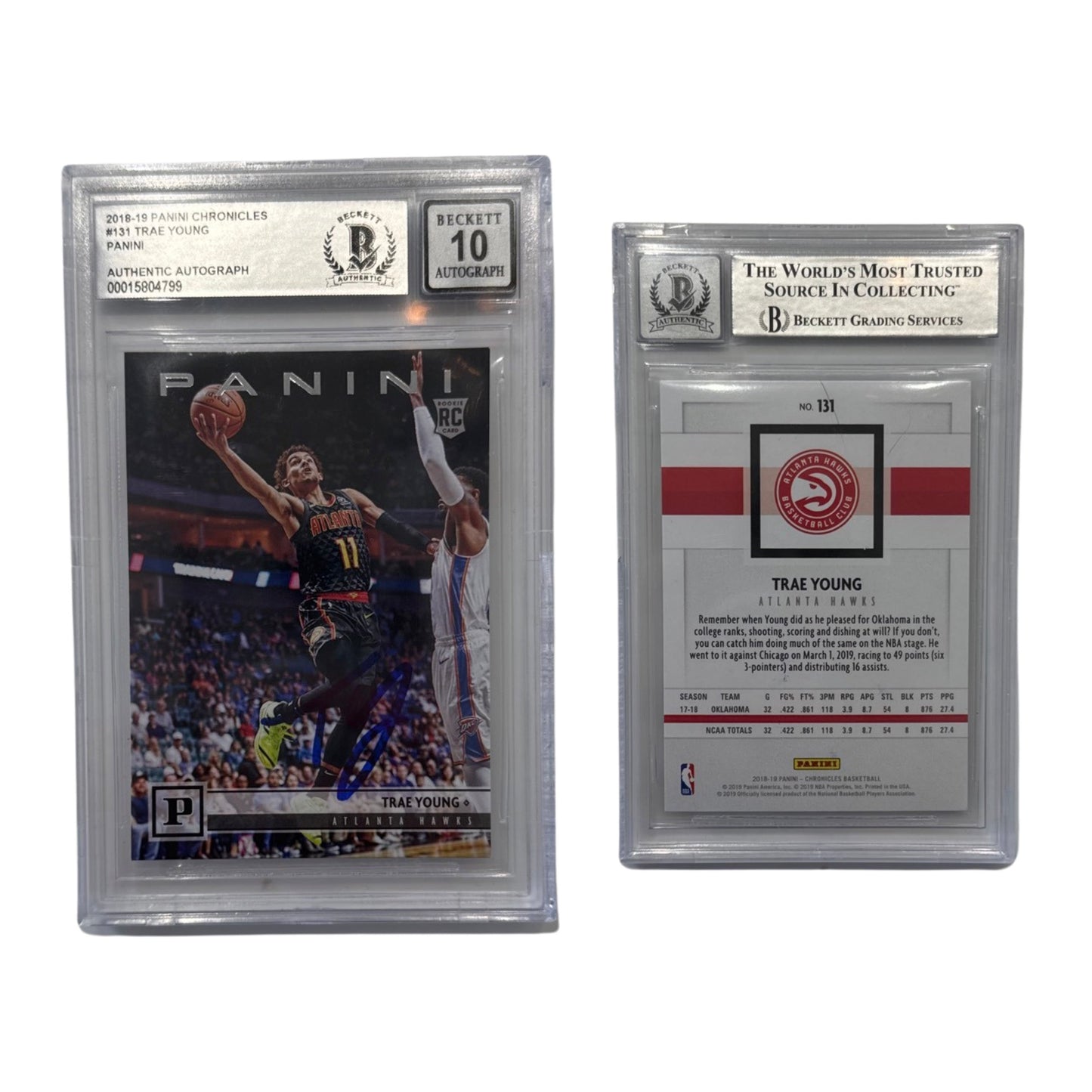 2018-19 Trae Young Autographed Panini Chronicles Rookie Card #131 Beckett Auto 10