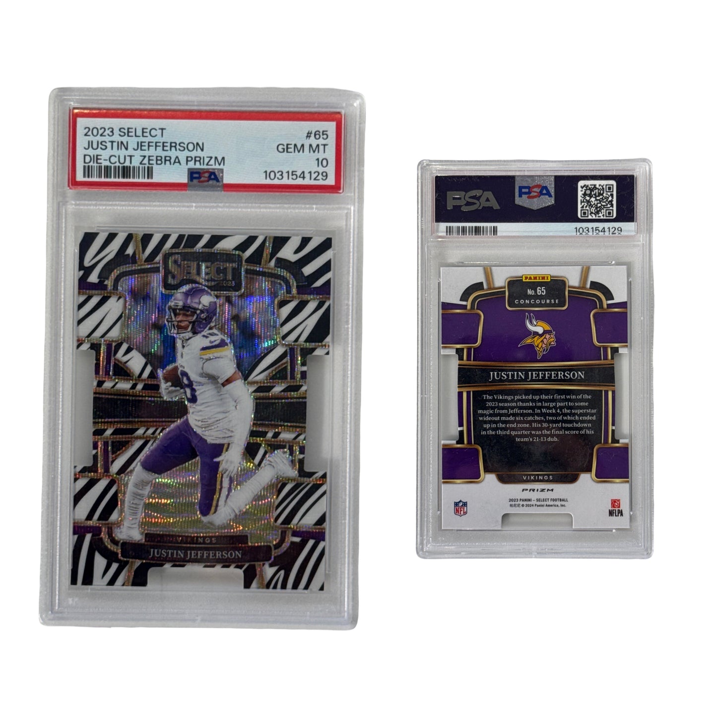2023 Justin Jefferson Panini Select Die Cut Zebra Prizm #65 PSA GEM MT 10