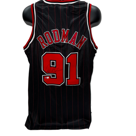 Dennis Rodman Autographed Chicago Bulls Black Pinstripe Jersey Steiner