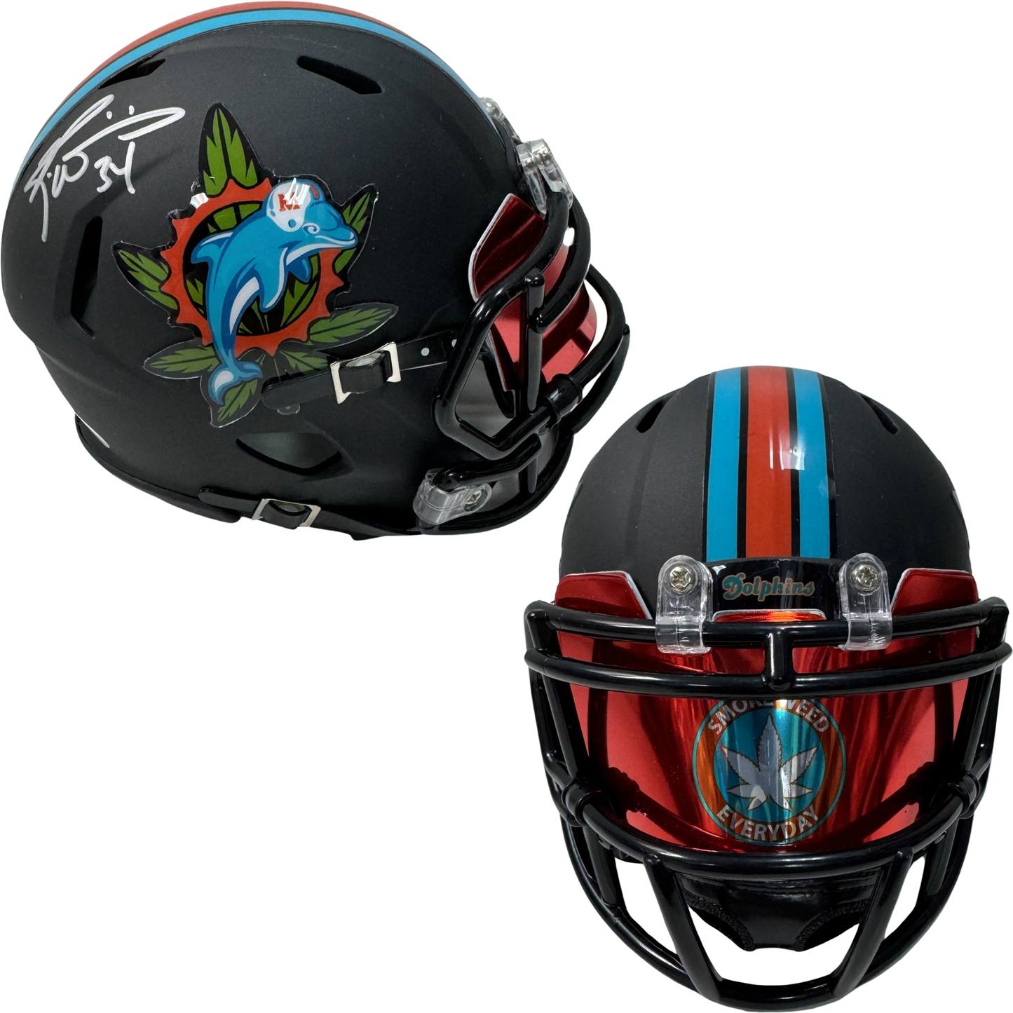 Ricky Williams Autographed Miami Dolphins Black Custom Weed Logo Mini Helmet w/ Visor JSA