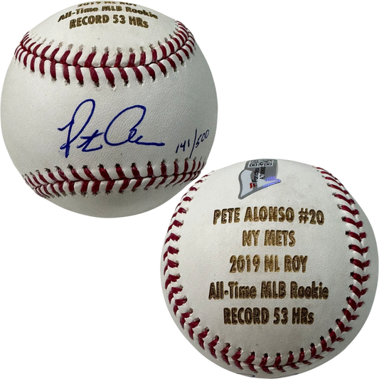 Pete Alonso Autographed New York Mets 2019 ROY Stat Engraved OMLB MLB & Fanatics