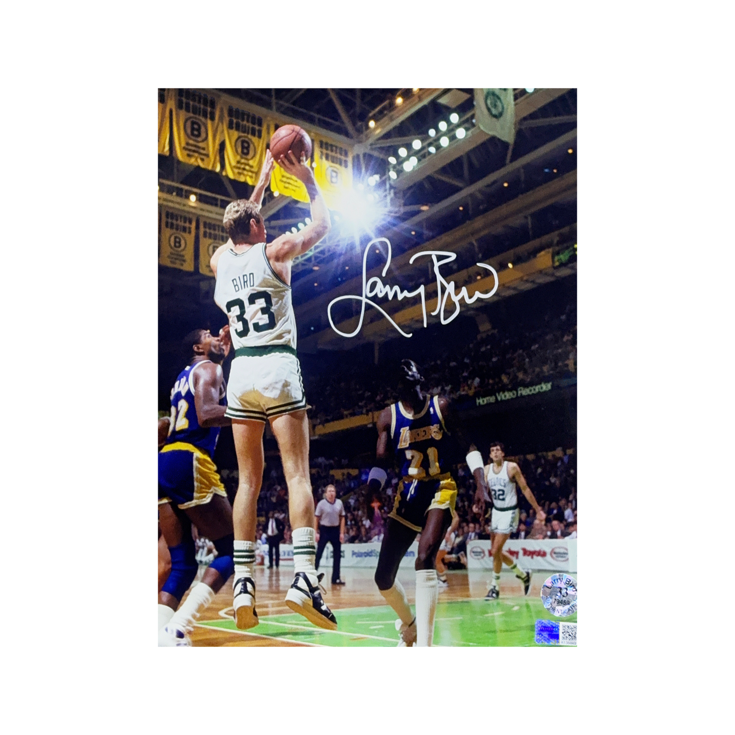 Larry Bird Autographed Boston Celtics Shooting Over Magic 8x10 Steiner CX